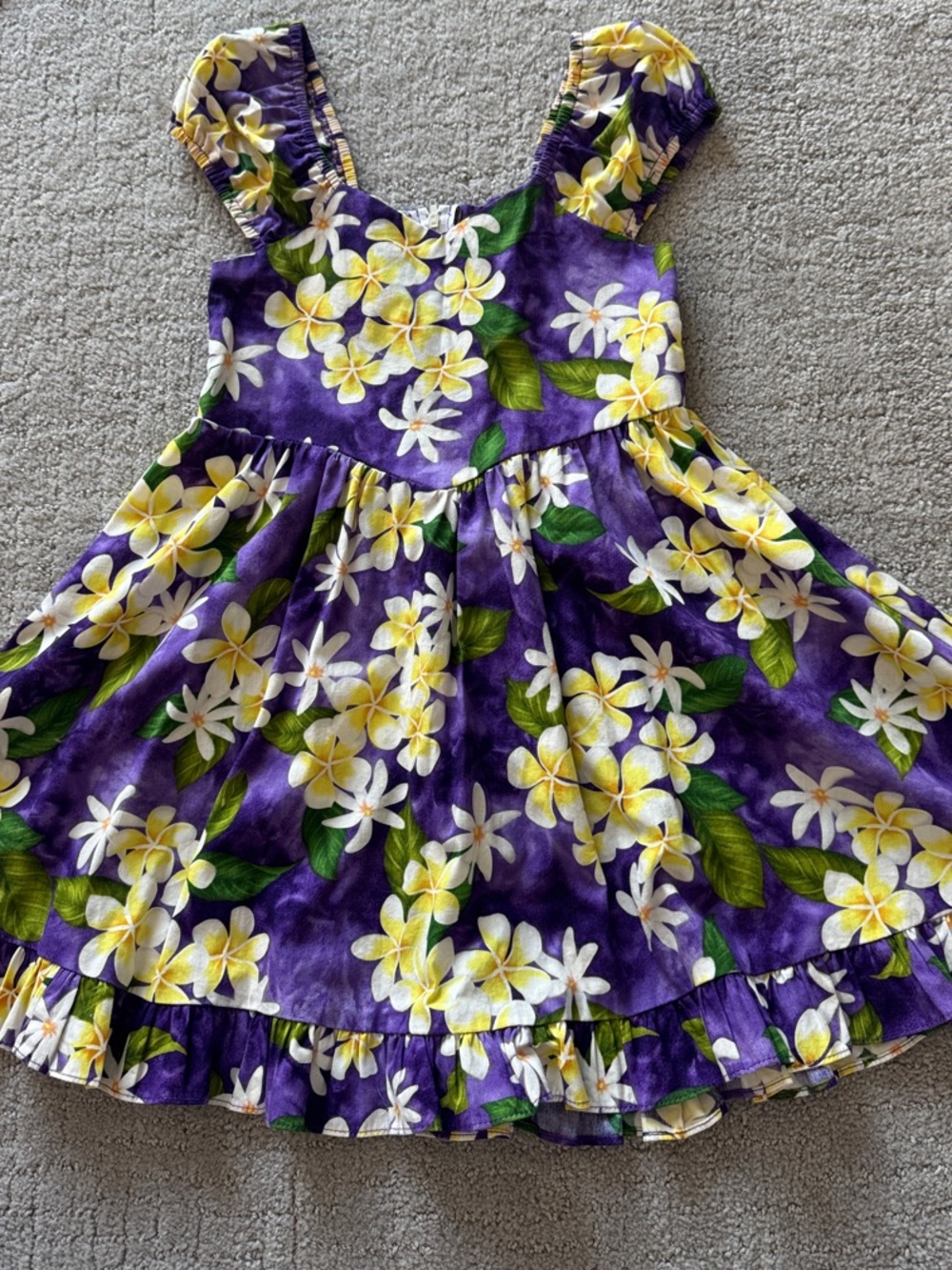 Girls Purple Floral Ruffle-Hem Sundress with Yellow Plumeria